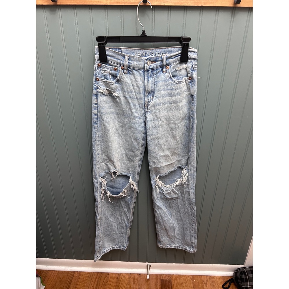 American Eagle Stovepipe Distressed Straight Leg Jeans Light Wash Blue 00 Short